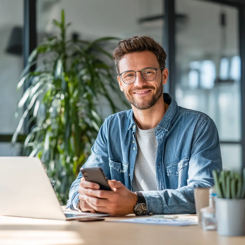 Smiling male small business owner in a modern office holding a phone and sitting at a desk with a laptop, representing SEO and website success