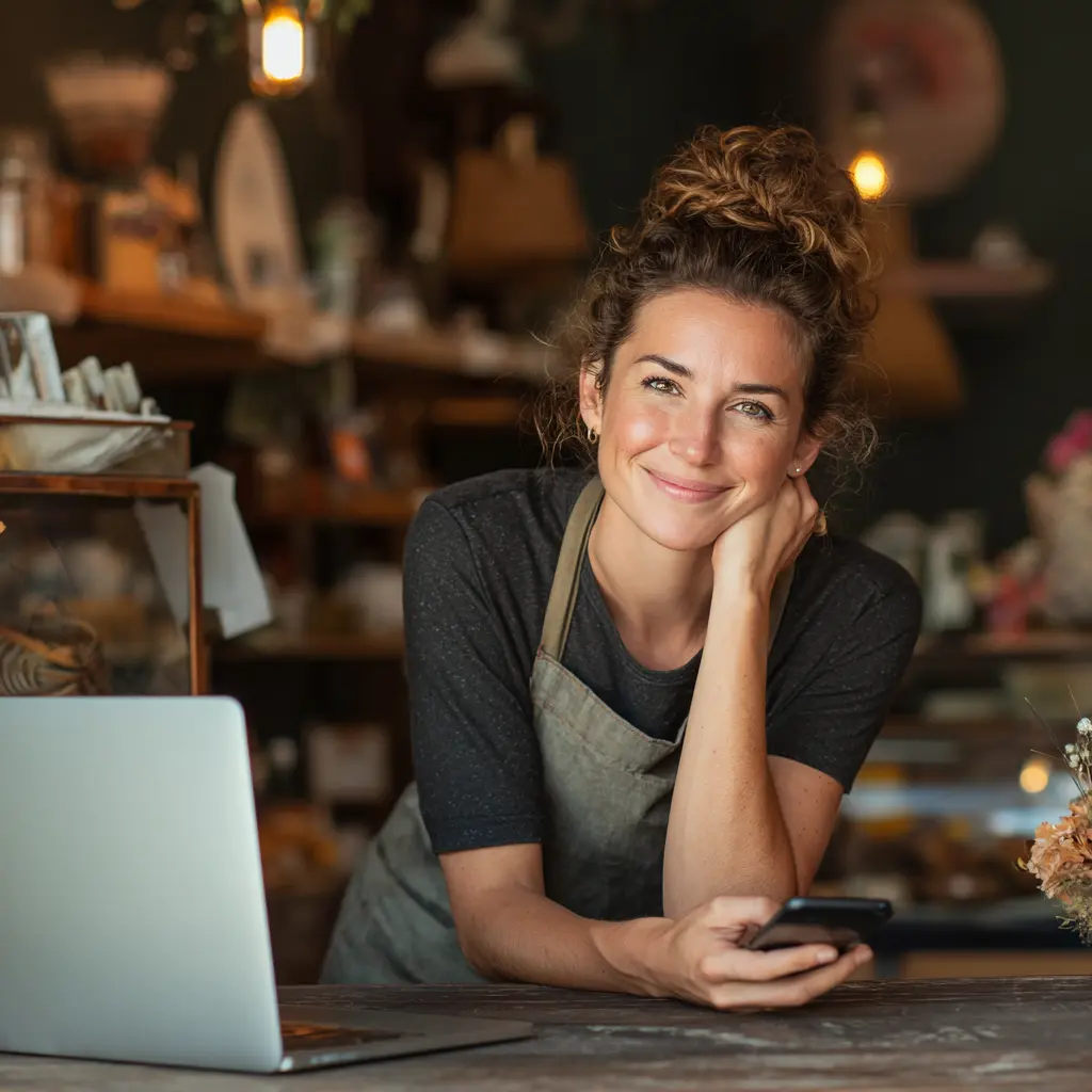 Smiling small business owner in coffee shop holding phone with laptop open, representing SEO and website success